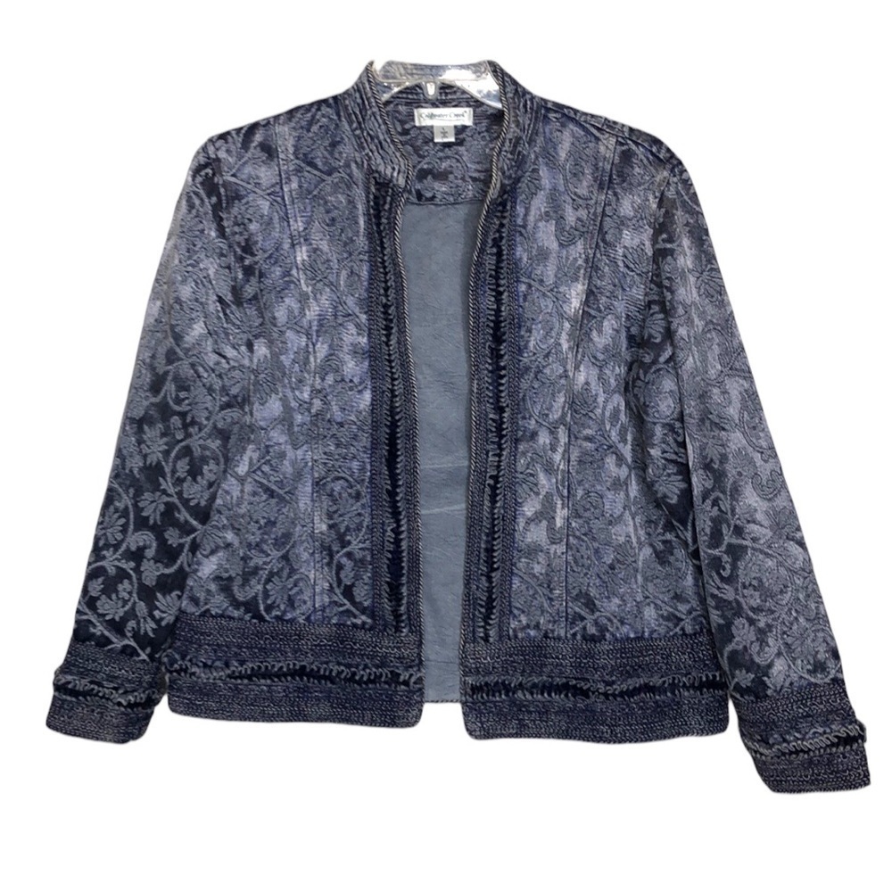 Coldwater CREEK -Cotton Damask Blue Open Front Round Neck Jacket - Size Large